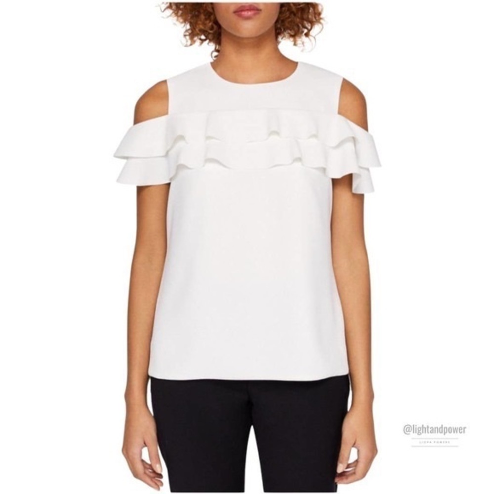 Ted Baker White Hopee Cold Shoulder Ruffle Top, Size XS/2